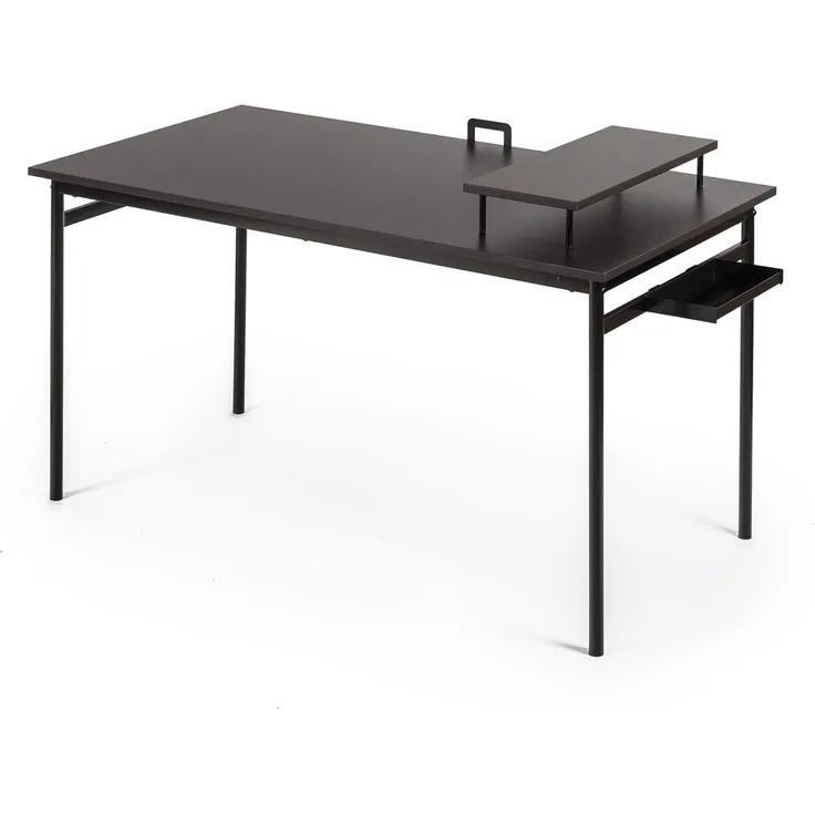 ZINUS Tresa 140x75 cm Schwarzer Metallschreibtisch mit Ablage und Bildschirmaufsatz | Arbeitsplatz mit espressofarbenem Finish | Computertisch | Einfache Montage