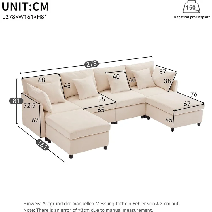 Ball & Cast U-förmiges Eckcouch mit Schlaffunktion, 4-Sitzer Sofa mit 2 Fußhocker für das Wohnzimmer Wohnung Villa, 278 x 81 x 161 (BxHxT), Beige – Bild 2