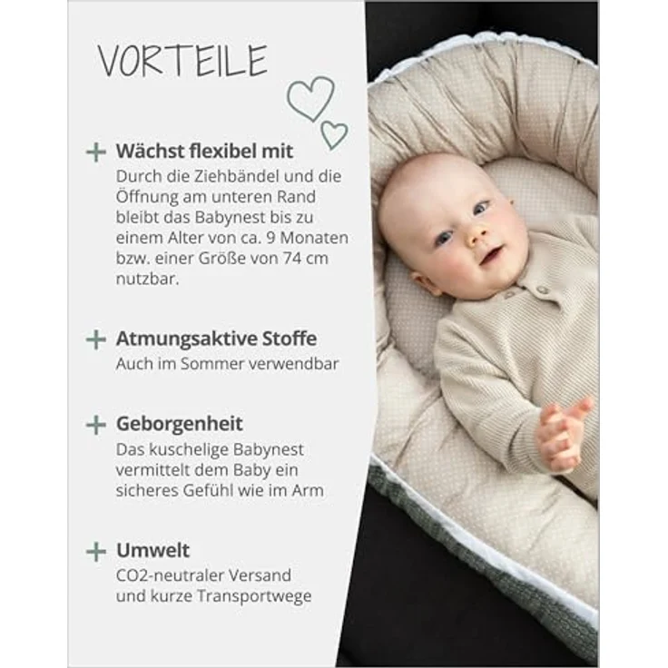 ULLENBOOM Babynest - 100% OEKO-TEX Materialien & Made in EU, Blätterzauber - Babynestchen Neugeborene aus kuscheliger Baumwolle, Ideal als Reisebett & Kuschelnest geeignet – Bild 7