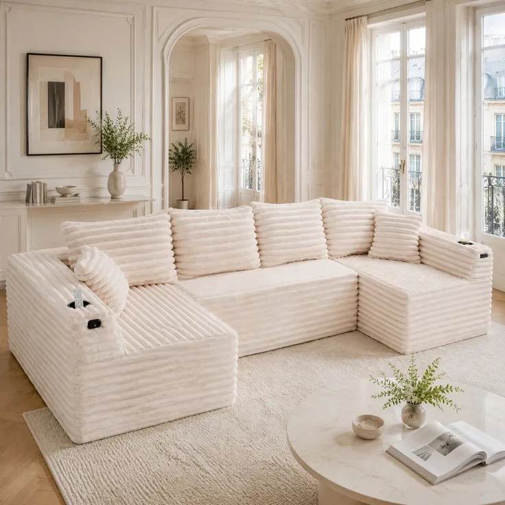 DESVIAE Sofa in U-Form mit Getränkehalter und Seitentasche 320x88x155 cm Cord Beige