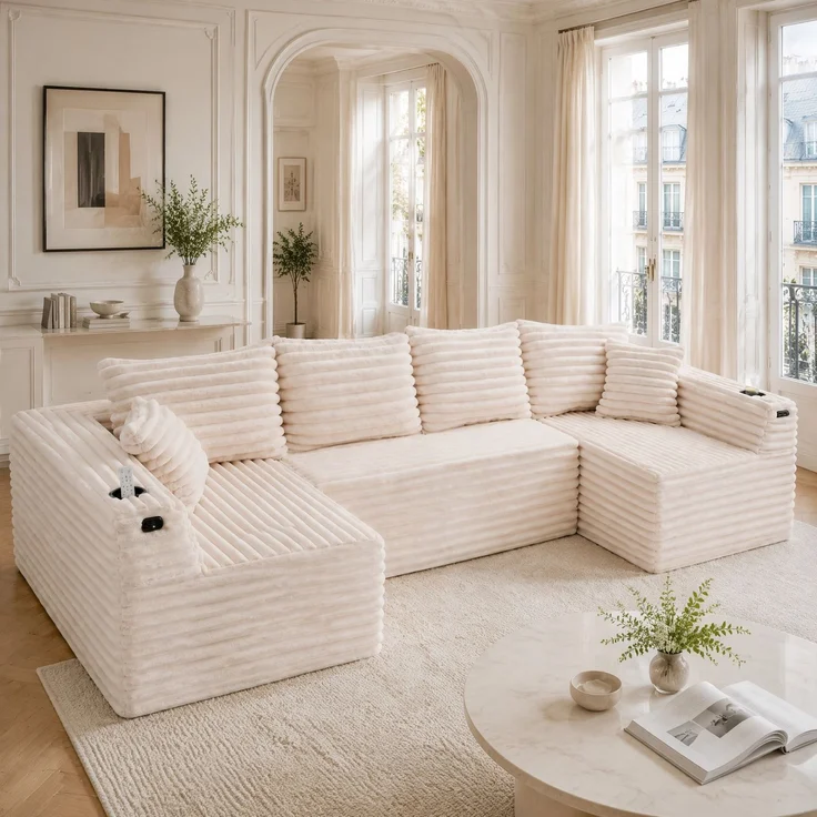 DESVIAE Sofa in U-Form mit Getränkehalter und Seitentasche 320x88x155 cm Cord Beige – Bild 1
