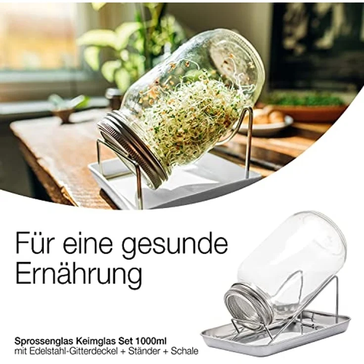 BigDean Anzuchttopf Sprossenglas Keimglas 1000ml mit Edelstahl-Gitterdeckel + Ständer (Set, Sprossengläser), Sprossenglas, Leichte Anwendung, Gesunde Ernährung, Einfache Reinigung – Bild 2