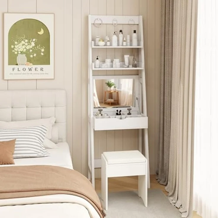 COSTWAY 3 in 1 Schminktisch & Leiterregal & Schreibtisch mit Klappspiegel und 3 Haken, Frisiertisch mit 2 Ablagen und 6 Fächern, Makeup Tisch mit Hocker, Kosmetiktisch weiß – Bild 2