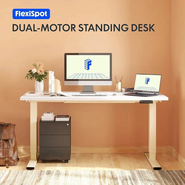 FLEXISPOT Höhenverstellbarer Schreibtisch mit 2 Motoren & 25MM einteiliger Tischplatte,ergonomischer Bürotisch - 140x80 cm Weiß, Mousseweiß Gestell – Bild 3
