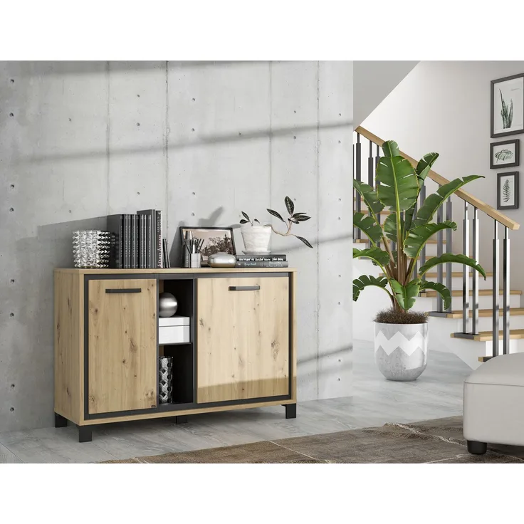 FORTE Trondheim Kommode, Holzwerkstoff, Schwarz/Braun, 120,4 x 81,3 x 41,5 cm