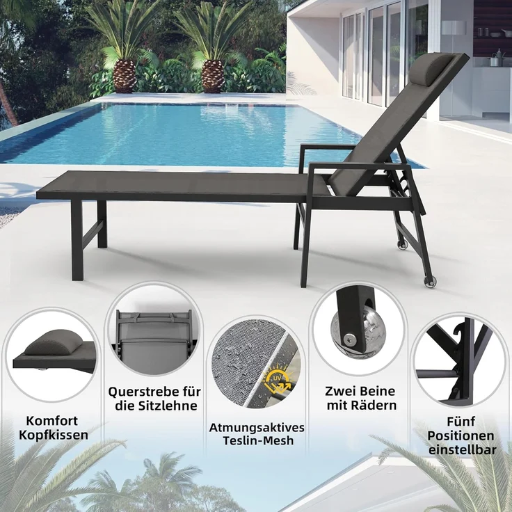 Mucola Sonnenliege Aluminium Gartenliege 200KG & Rollen wetterfest Relaxliege Anthrazit Teslin Klappliege Camping – Bild 6