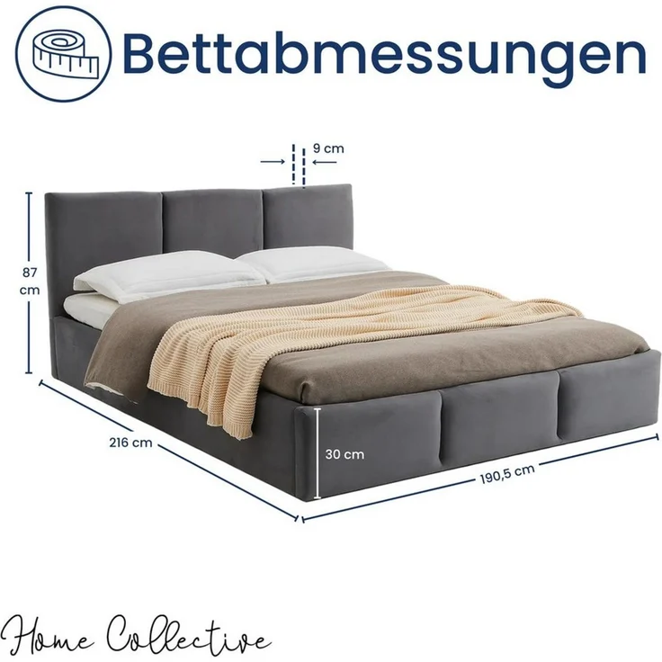 Home Collective Polsterbett Stauraumbett 120x200, 140x200, 160x200, 180x200 cm mit Kopfteil, 180×200 cm, mit Gasdruckfeder, Metallrahmen, Samtpolsterung, Graphit – Bild 2