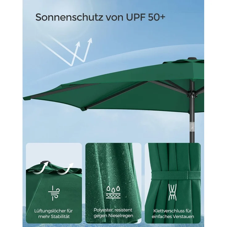 SONGMICS Sonnenschirm 300 cm, UPF 50+, Strandschirm, beidseitig um 30° knickbar, Sonnenschutz, mit Kurbel zum Öffnen/Schließen, für Terrasse, Balkon, Pool, ohne Ständer, grün GPU30GN – Bild 5