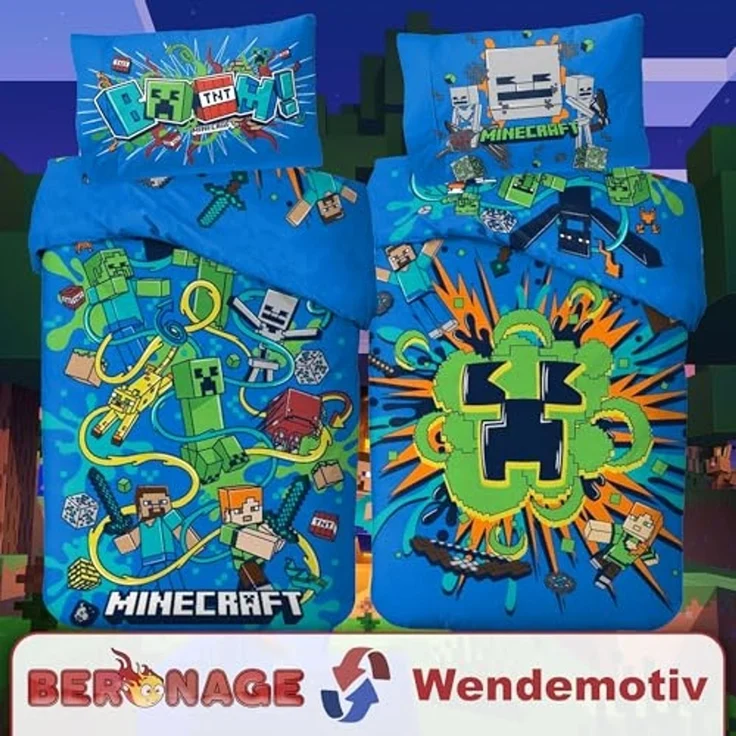 BERONAGE Wendebettwäsche Minecraft Bettwäsche Slurp Blast Biber / Flanell, Baumwolle, 2 teilig, 135x200 + 80x80 cm – Bild 6