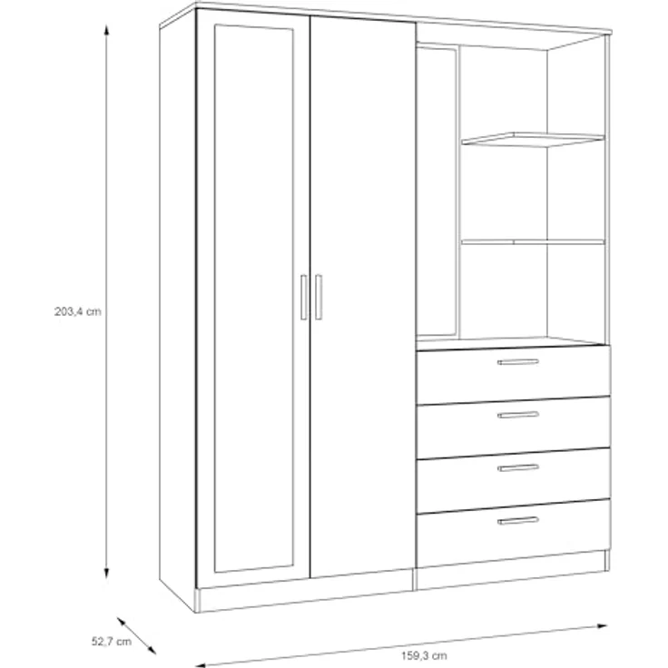 FORTE DEWANIA Kleiderschrank 160, Schrank mit offenen Regalfächern und Spiegel, Holzwerkstoff, Weiß, 159,3 cm breit, 203,4 cm hoch, 52,7 cm tief – Bild 3