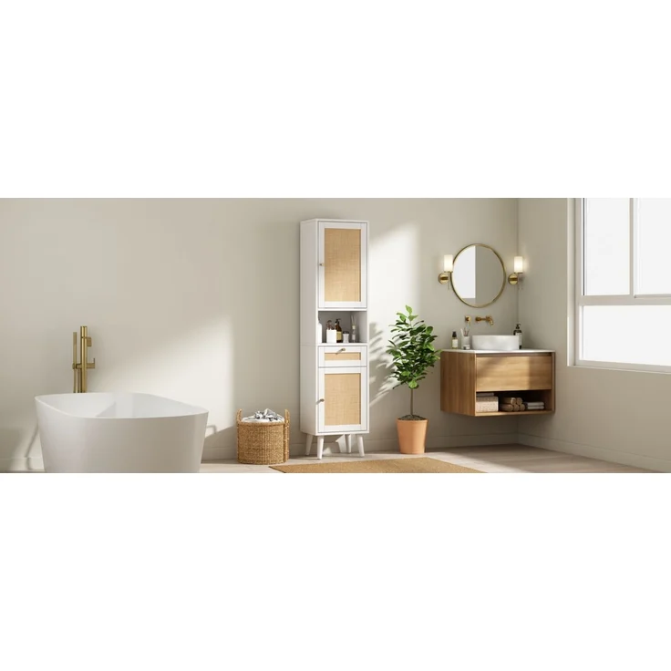 Flieks Badezimmer-Hochschrank 40x30x166 cm, Badschrank aus weißem MDF mit Rattan-Türen, Schublade, Soft-Close & wendbarer Montage – Bild 4