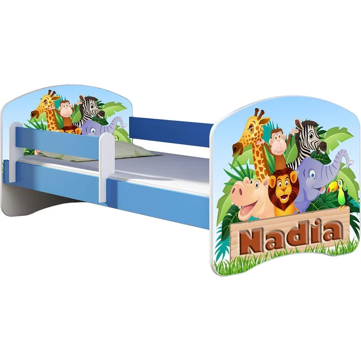 ACMA Kinderbett Jugendbett mit Einer Schublade und Matratze Blau mit Rausfallschutz Lattenrost II 140x70 160x80 180x80 (02 Animals Name, 160x80) – Bild 1