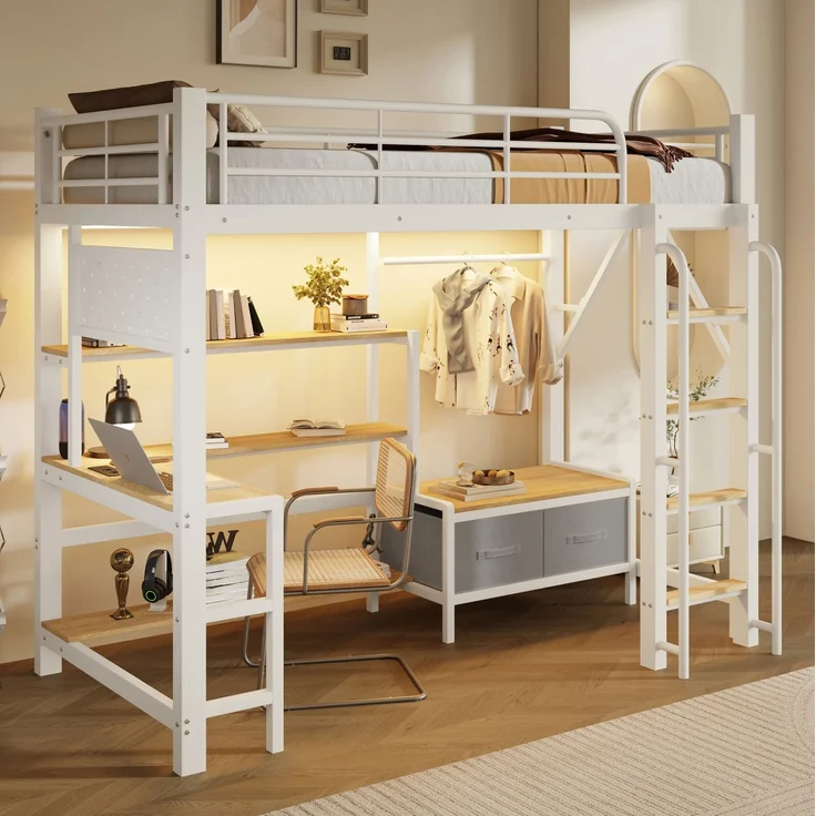 Hochbett 90x200 cm in Weiß mit Schreibtisch, LED-Lichtleiste und Stauraum – Ohne Matratze – Bild 2