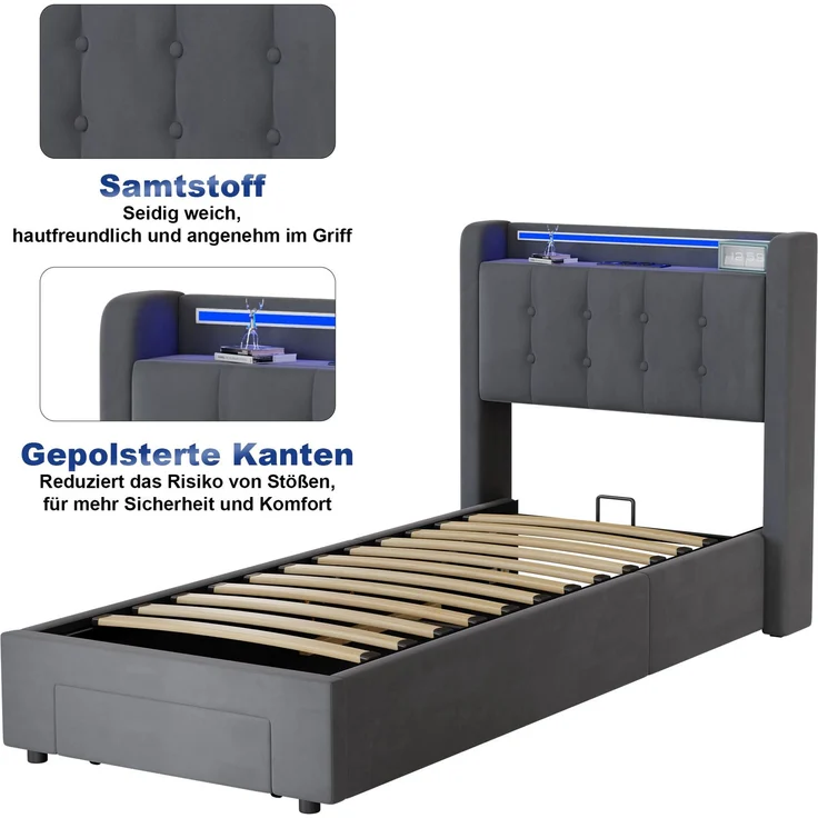 Polster-Jugendbett aus Samt mit LED, USB, hydraulischem Stauraum & Schubladen, ohne Matratze, 90x200 cm, Grau – Bild 8