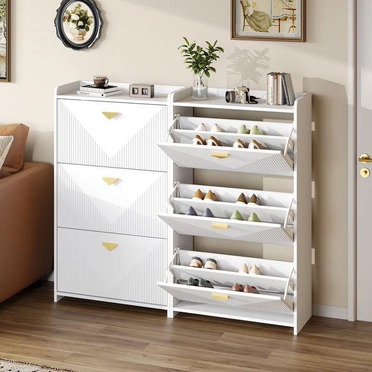 Schuhschrank Set 2-teilig 140x30x120 cm Weiß 3 Klapptüren verstellbare Trennwände gold Griffe – Bild 1