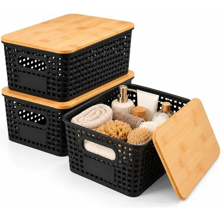 Relaxdays Aufbewahrungsbox mit Bambusdeckel im Set – Bild 1