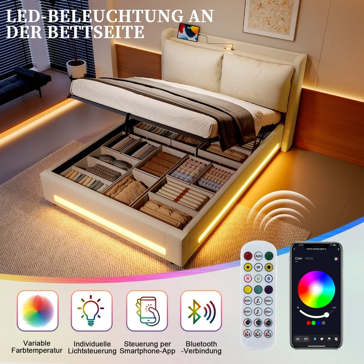 LVHOM Polsterbett 140x190cm mit LED&USB, Doppelbett mit Stauraum, Stauraumbett mit abnehmbaren Kissen, Bettgestell Massiv, Samtstoff, Beige – Bild 6