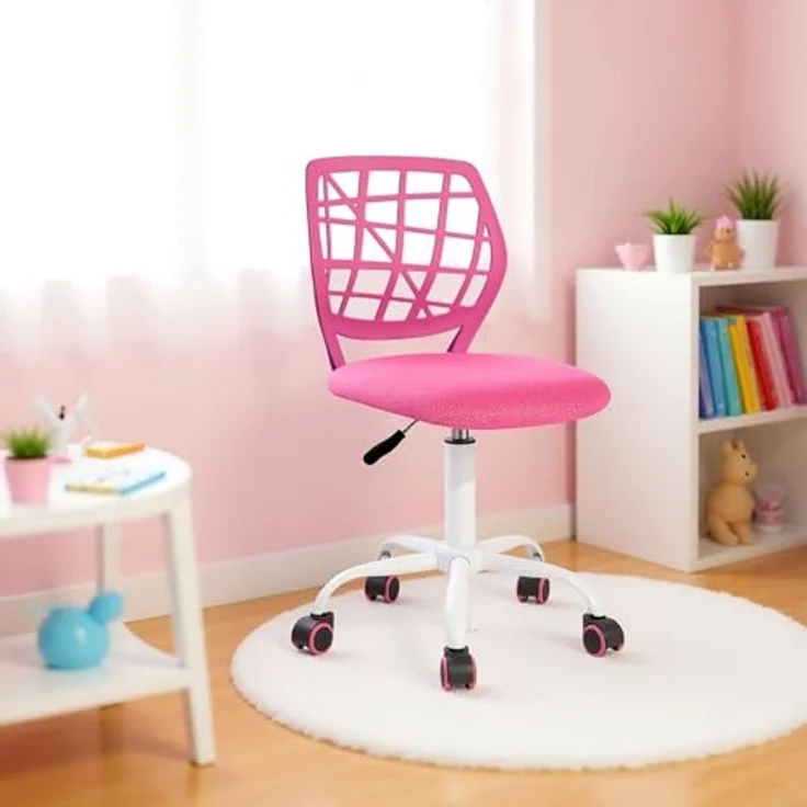 FurnitureR Kinder Schreibtischstuhl, höhenverstellbarer Drehstuhl mit kleinem Loch Rückenlehne Design, geeignet für Kinderzimmer oder Arbeitszimmer, rosa I – Bild 1