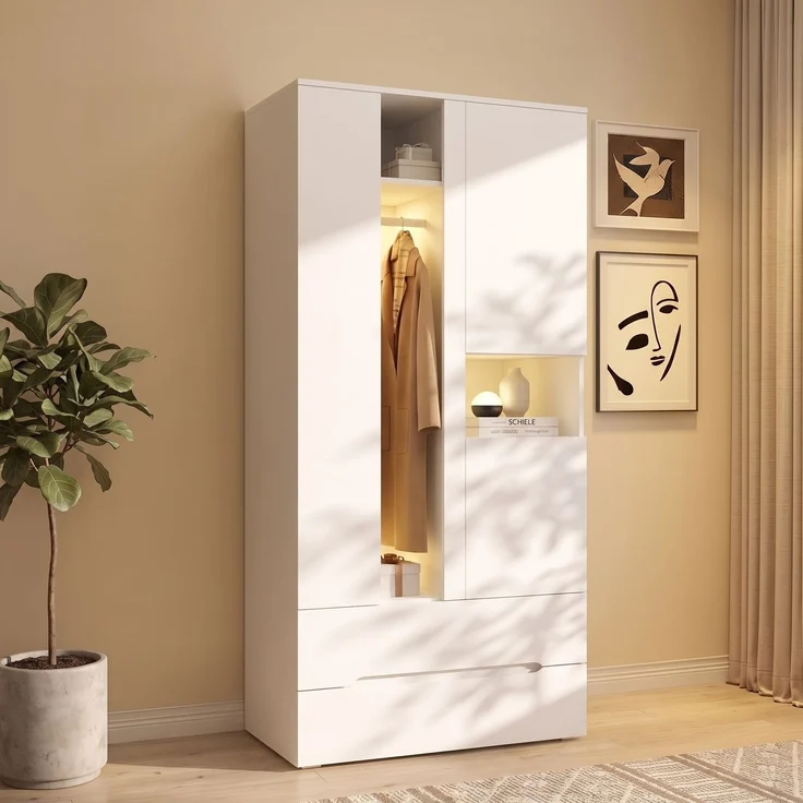 Rayofly-Kleiderschrank mit LED-Licht, 3 Türen, 1 Kleiderstange, 2 Schubladen, 6 Ablagefächer, Weiß, H 200cm x T 90cm x B 50cm – Bild 2