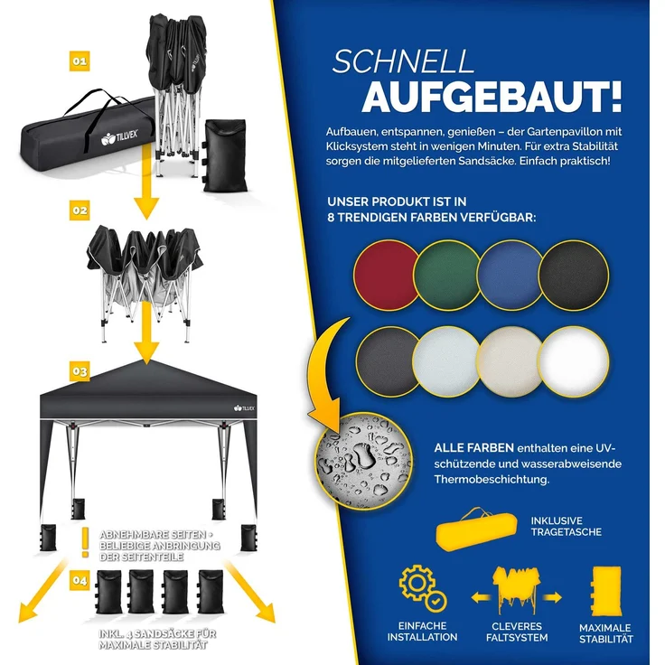 tillvex Partyzelt 3x3 m – Wasserdichter Pavillon Grau, Pop-Up Faltpavillon mit UV-Schutz 50+, Sandsäcken & Tragetasche – Bild 5