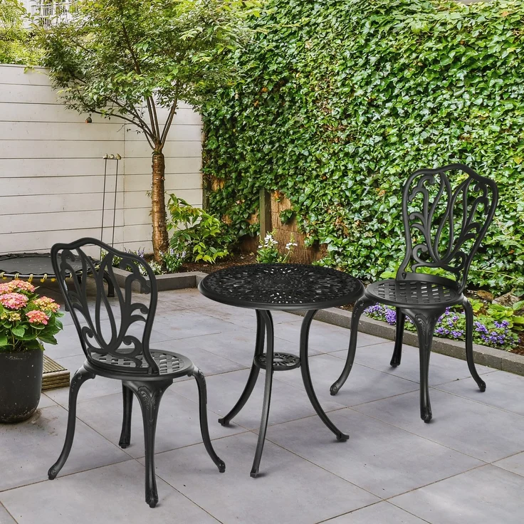 3-teiliges Gartenset mit 2 Gartenstühlen und einem Glas-Beistelltisch mit Sonnenschirmloch, aus Aluminium, schwarz – Bild 4
