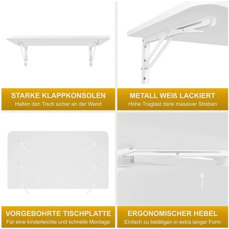 KDR Produktgestaltung Klapptisch 70x40 Wandklapptisch Esstisch Küchentisch Schreibtisch Wand Tisch, Weiß – Bild 4