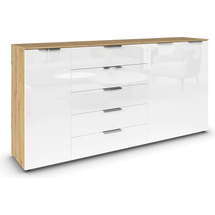 Rauch Möbel Flipp, Kombikommode, Kommode mit Stauraum für Wohnzimmer, Schlafzimmer, Flur, 4 Fachböden, Eiche Artisan/Glasfront Weiß, 3-türig, Glastüren, 5 Schubkästen, Griffe chrom, 199 x 100 x 42 cm – Bild 1