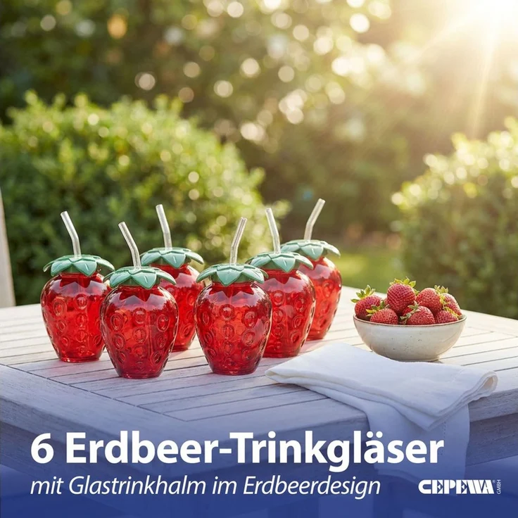 CEPEWA Deko-Glas Trinkglas Strawberry 6er Set Glastrinkhalm PS 450ml 9,5x13 cm rot grün – Bild 3