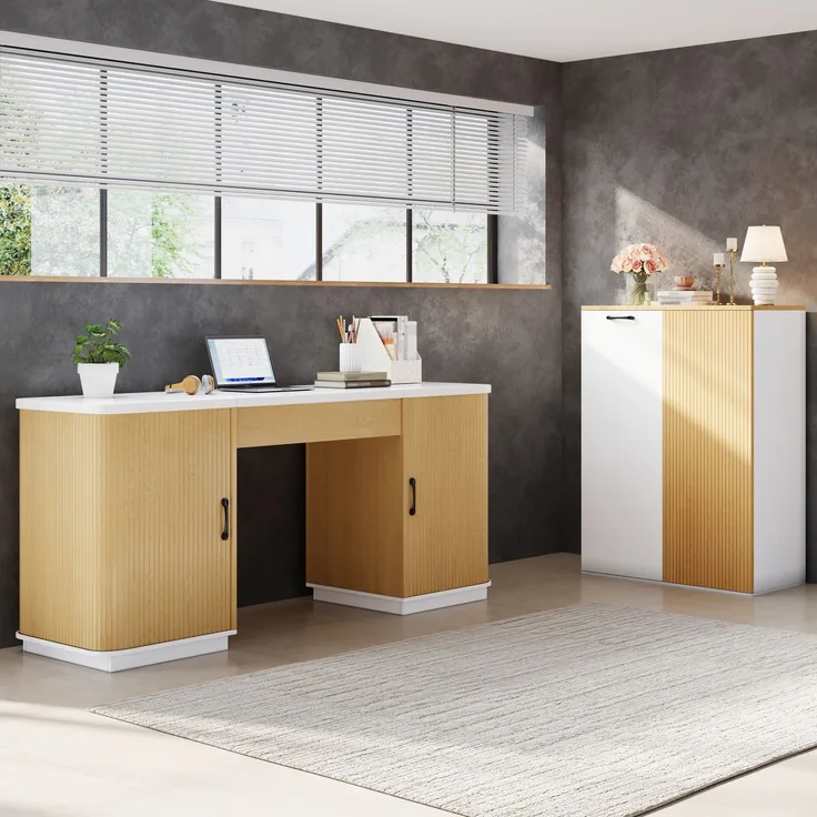 ZUBALIYA Modernes Büromöbel-Set & Schreibtisch-Set mit Aktenschrank – 140cm Computertisch mit Klappfach, Unterschränken & Rillendesign, Holzoptik & Weiß, Großer Arbeitsplatz für Home Office & Büro