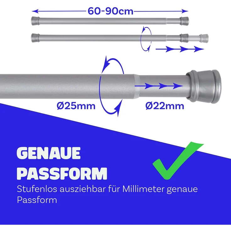 Verstellbare Vorhangstange - Spannstange zum Klemmen Silber Ø22/25 mm 60-90 cm – Bild 2