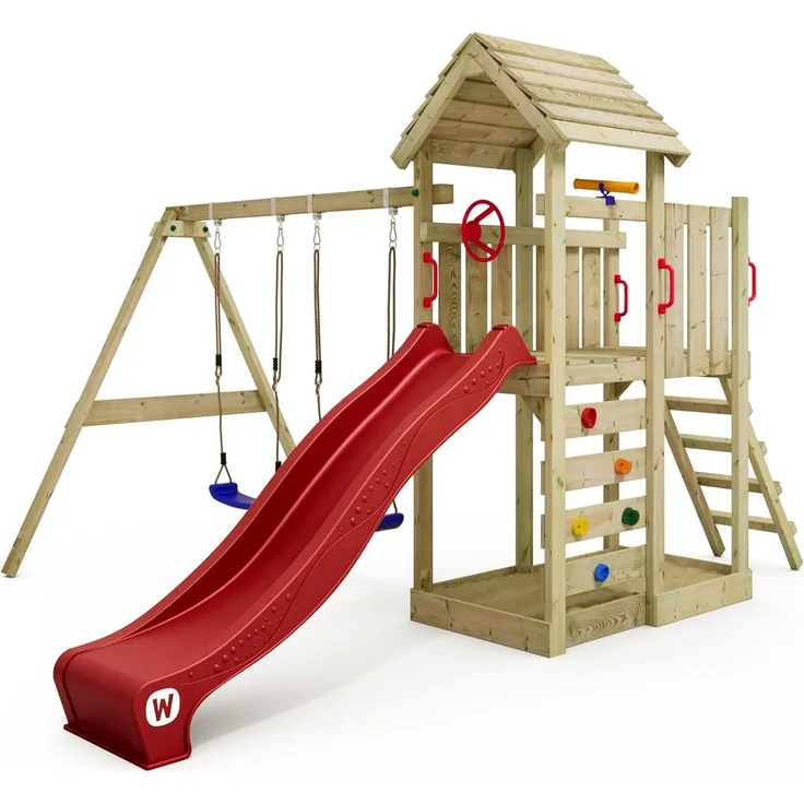 WICKEY Spielturm Klettergerüst MultiFlyer Holzdach mit Schaukel & roter Rutsche, Kletterturm mit Holzdach, Sandkasten, Leiter & Spiel-Zubehör