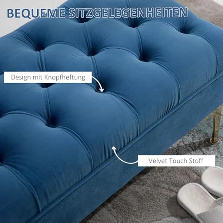 HOMCOM Polsterbank Schlafzimmerbank mit erhöhten Beine (Sitzottomane, 1-St, Sitzbank), Samt Blau 118 x 45 x 42 cm – Bild 6