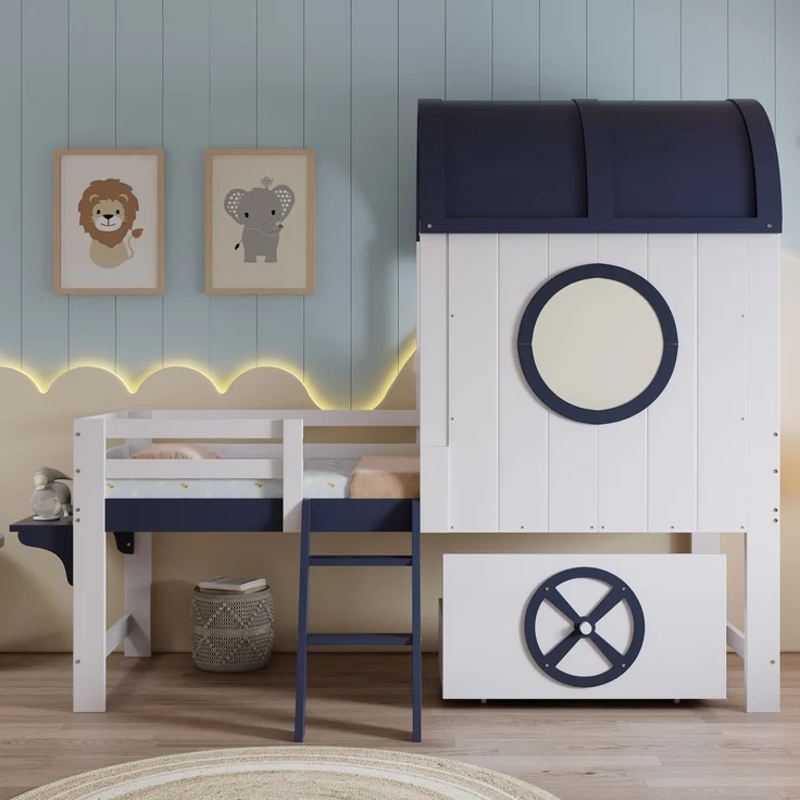 Halbhohes Kinderbett 90×200 cm mit Dach, Fenstern und Schublade, Weiß/Dunkelblau, ohne Matratze – Bild 3