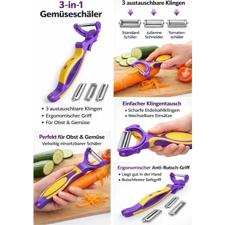 3-in-1 Gemüseschäler mit austauschbaren Klingen vielseitig & praktisch Lila