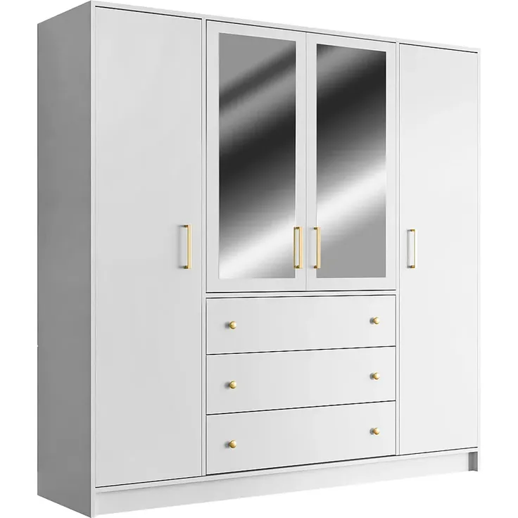 Vente-unique - Kleiderschrank mit 4 Türen & 3 Schubladen - Mit Spiegeln - 196 cm - Weiß - LIZANDRO