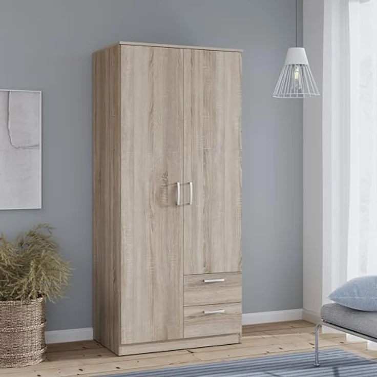 FORTE Niko Kleiderschrank mit 2 Türen und 2 Schubladen, Holzwerkstoff, Sonoma Eiche , 82 x 185 x 52,7 cm – Bild 3