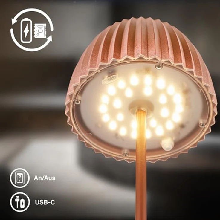 BRILONER - Riffle LED Tischlampe kabellos IP44 mit Lichtkante, 14,5x36,5 cm, Touchdimmer, Akku tauschbar, Nachttischlampe, Leselampe, LED Lampe, Akku Lampe, German Design Award Winner, Kupferfarbig – Bild 13