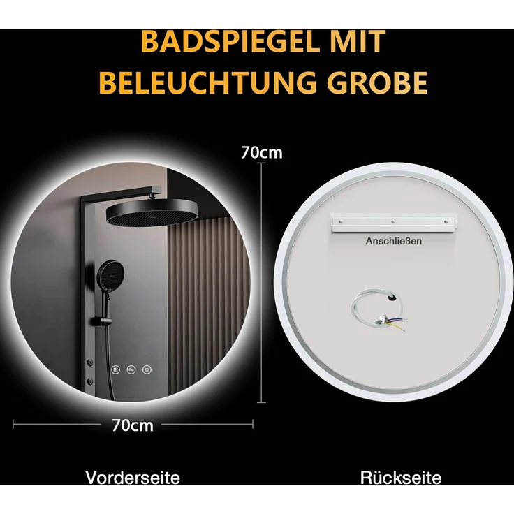 PESENXAN LED Badezimmerspiegel 70 cm, runder Wandspiegel mit Beleuchtung, 3 Lichtfarben, dimmbar, Touch-Schalter, Anti-Beschlag, Memory-Funktion, IP44, Schwarz – Bild 5