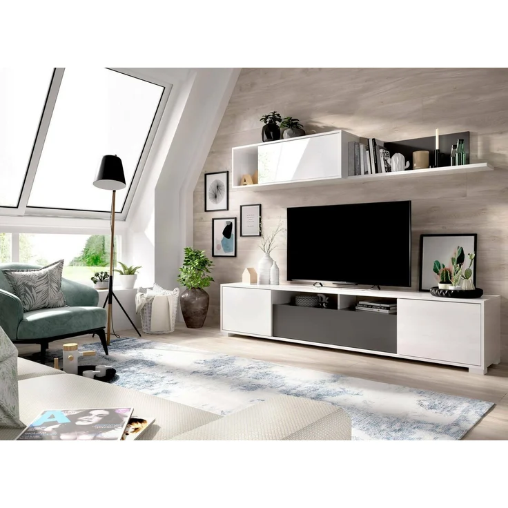 Dmora Abbete Wandsystem, TV-Ständer-Wohnzimmerset, Mehrzweck-Wohnzimmermöbel, 200x41h180 cm, Glänzendes Weiß und Anthrazit – Bild 2