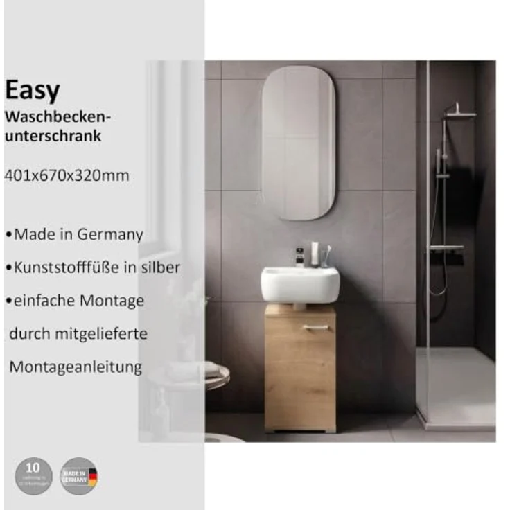 FACKELMANN Easy Waschbeckenunterschrank in Berg-Eiche Holzoptik 40cm, stehend auf Kunststofffüßen, Made in Germany – Stilvoller Stauraum für Ihr Badezimmer – Bild 3