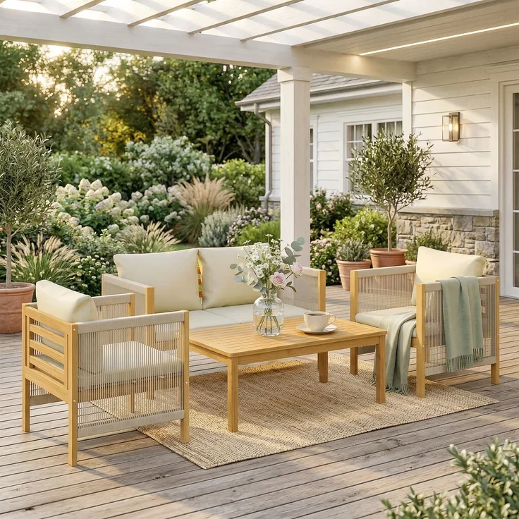 MELAYR, Gartenmöbel Set Holz Sitzgruppe für 4 Personen mit 2er Sofa 2 Sessel Tisch Seilflecht, 120 x 60 x 64 cm, Beige – Bild 3