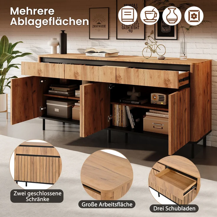 Merax 160cm Sideboard, Fernsehschrank mit 3 Auszugschubladen & 3 Lamellentüren, 6 Metallfüße, abgerundete Kanten, Eichenfarbe – Bild 6
