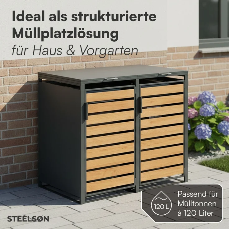 STEELSØN 'Kestra' Mülltonnenbox 2er je 120 Liter, anthrazit mit Holzoptik, Mülltonnenverkleidung aus Stahl, wetterfest, 102x62x117 cm, Müllbox für 2 Tonnen – Bild 3