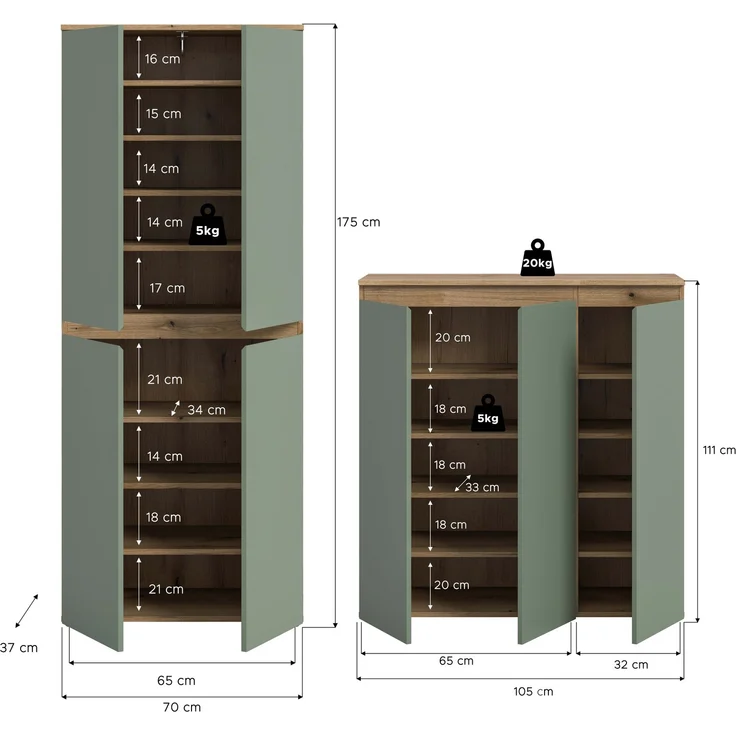 Universalschrank (B/H/T: 190x175x37 cm) in Evoke Oak Nachbildung und Smoke Green Nachbildung – Bild 4