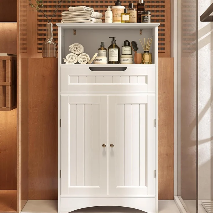 Bealife Badezimmerschrank, Badezimmer-Aufbewahrungsschränke mit großer Schublade, 2 Türen mit verstellbaren Regalen für Badezimmer, Wohnzimmer, Schlafzimmer, 108 x 60 x 30 cm, Weiß – Bild 2