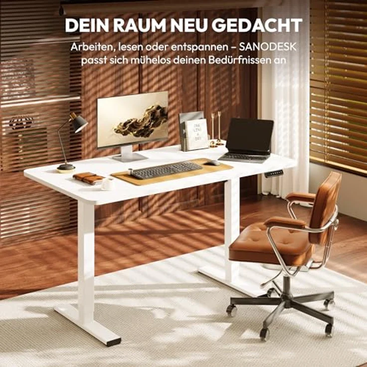 SANODESK Höhenverstellbarer Schreibtisch mit Komplett Tischplatte, Elektrischer Ergonomischer Schreibtisch, Steh-Sitz Bürotisch für Homeoffice, 120x60 cm, Weiß – Bild 5