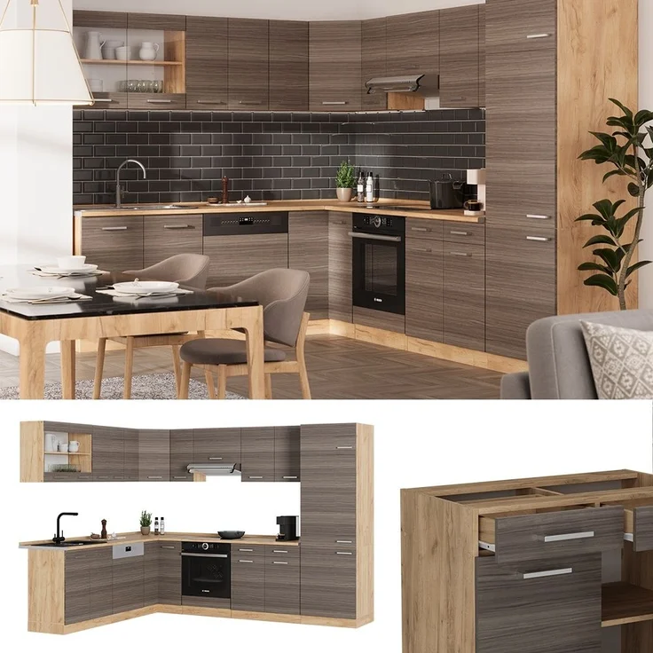 Eckküche R-Line Edelgrau/Goldkraft Eiche 287 x 60 cm , AP Eiche Vicco – Bild 2