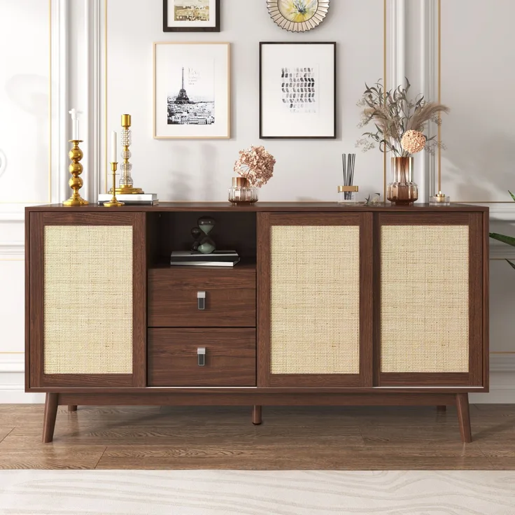 Sideboard mit Rattan-Schiebetüren & 2 Schubladen, 155x38x80 cm, Nussbaum
