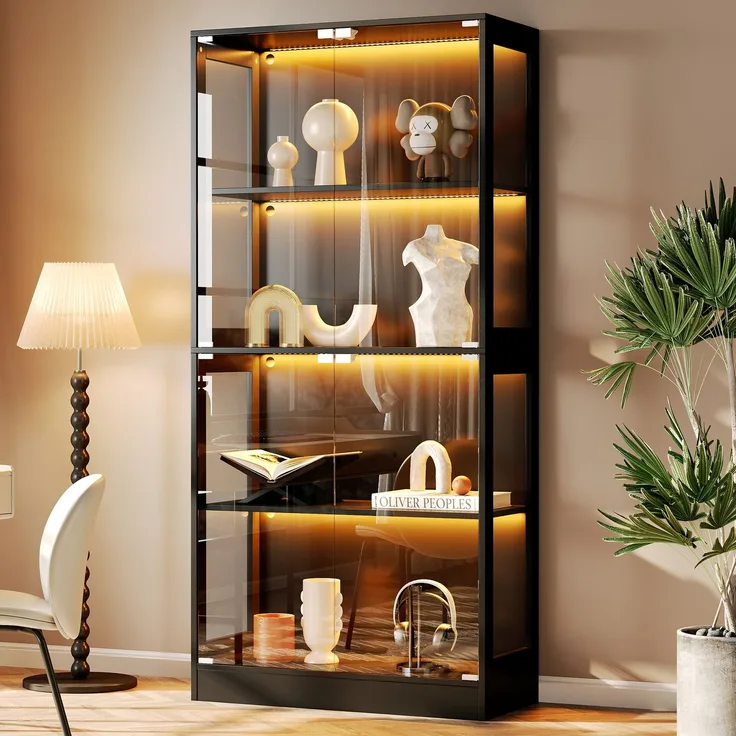 Merax 170 cm LED Vitrine, Glas Sammlungsvitrine Transparent, 4 Ebenen Stauraum, App-gesteuertes LED-Licht, Push-to-Open Türen, Vitrine für Figuren & Modelle, Schwarz