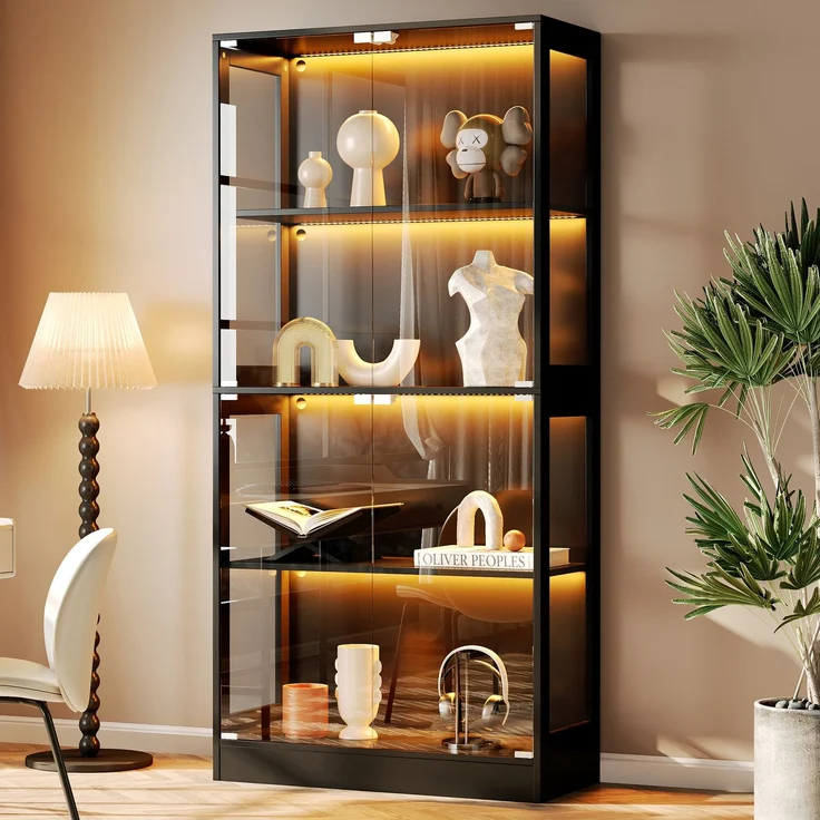 Merax 170 cm LED Vitrine, Glas Sammlungsvitrine Transparent, 4 Ebenen Stauraum, App-gesteuertes LED-Licht, Push-to-Open Türen, Vitrine für Figuren & Modelle, Schwarz – Bild 1